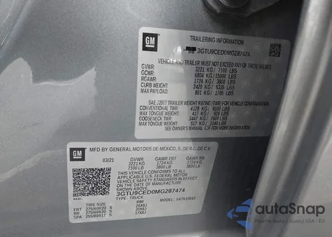 2021 GMC Sierra 1500 4Wd Short Box Elevation из США, поврежденный, VIN 3GTU9CED0MG287474